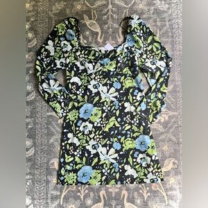 Topshop Floral Puff Sleeve Mini Tea Dress Sweetheart Neck Blue Green Size 10